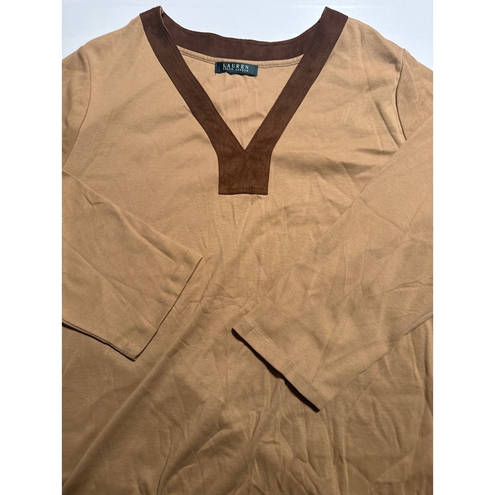 Lauren Ralph Lauren Tan V-Neck Top Brown Suede Trim‎ Long Sleeve Shirt Medium M